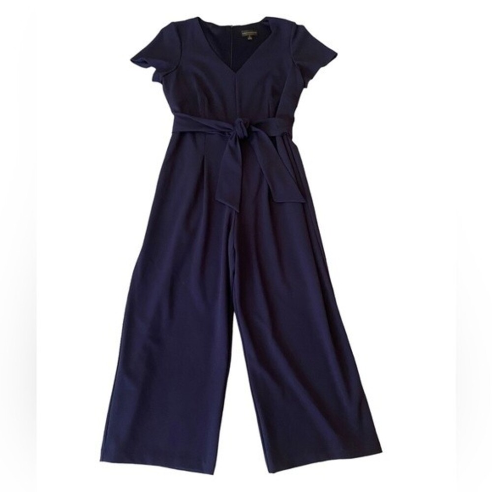 Navy belted wide leg jumpsuit V-neck by Connected apparel sophisticated style 12